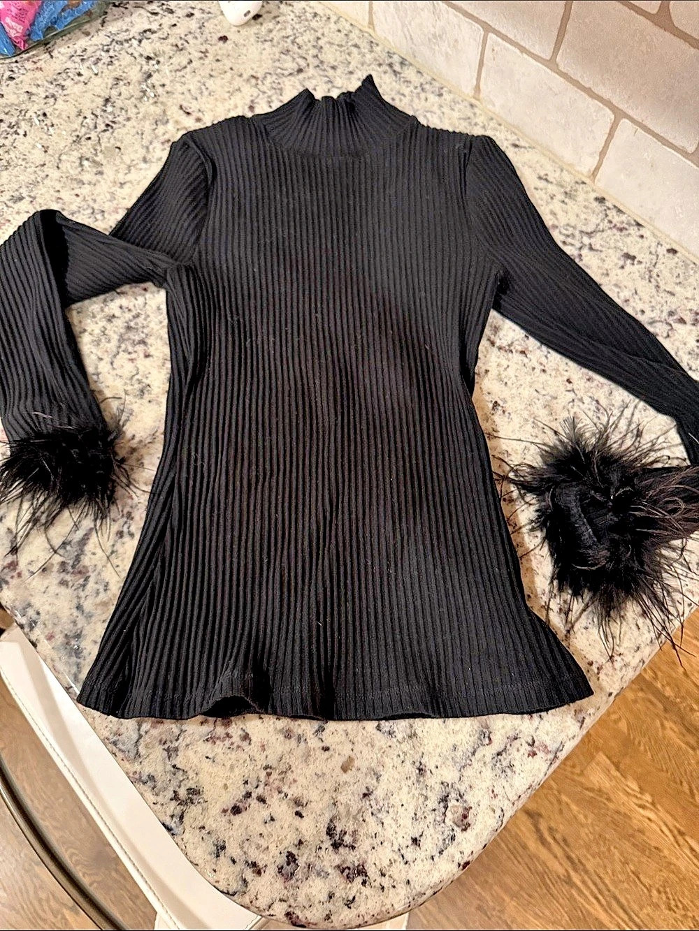 Veronica Beard Pierre Feather Trim Tee Ribbed Black XS